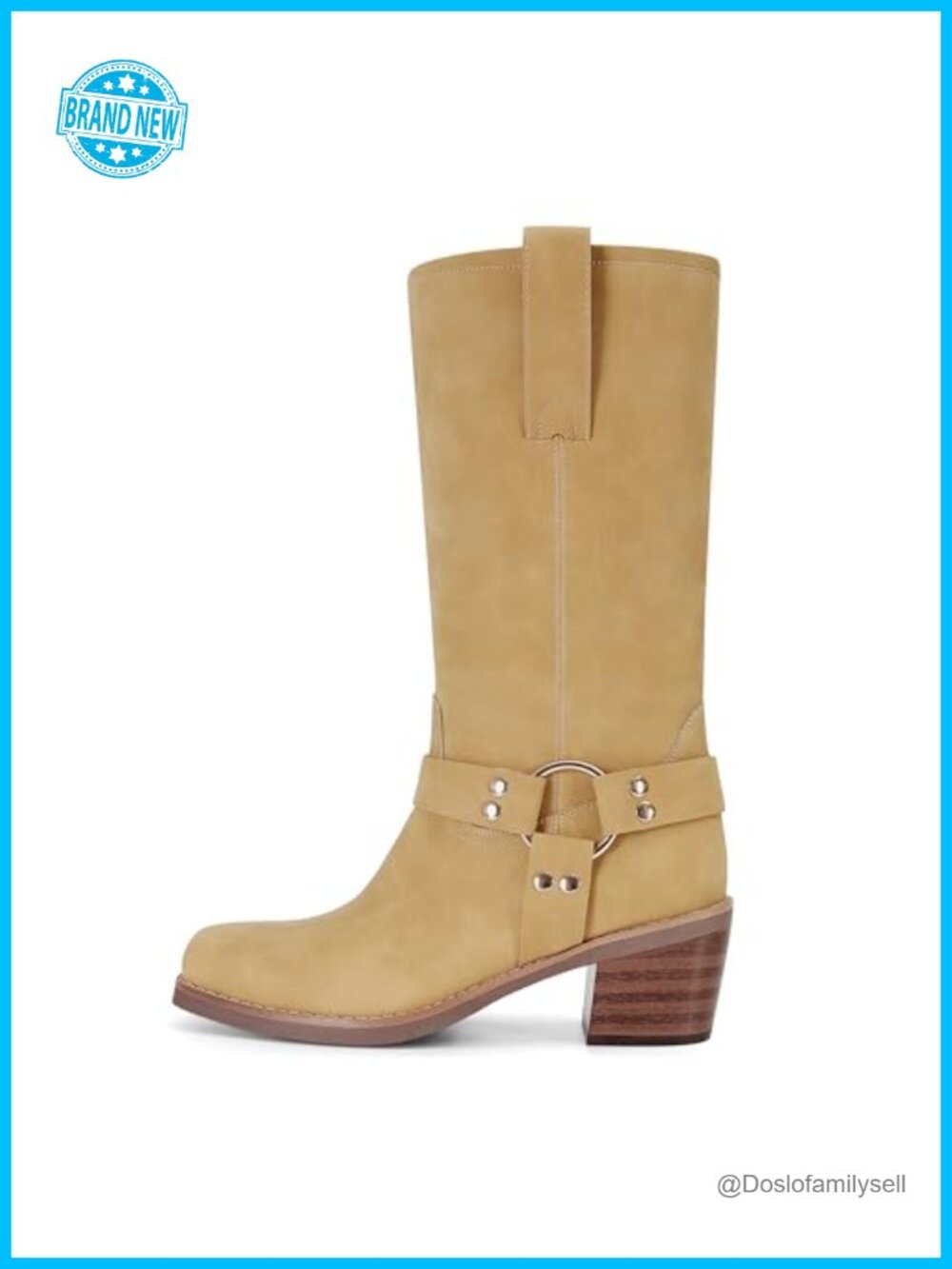 Square Toe Mid Calf Western Biker Boots Chunky Block Heel Faux Leather